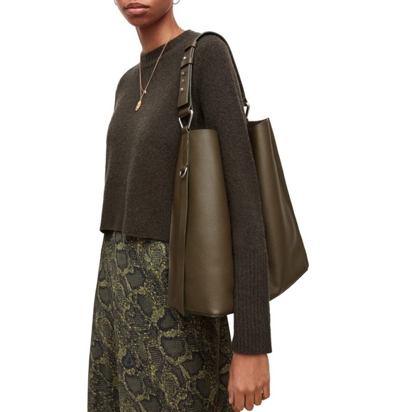 AllSaints Large Leather Tote w Pouch NWT Sycamore Green - Picture 2 of 10